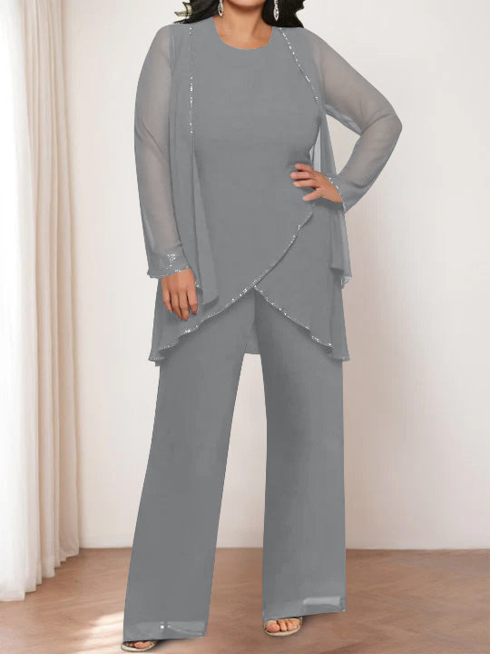 Round Neck Chiffon Pantsuits with Jacket for the Mother of the Bride-LLELLA