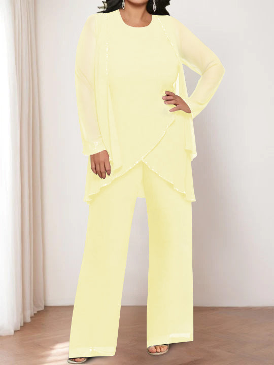 Round Neck Chiffon Pantsuits with Jacket for the Mother of the Bride-LLELLA
