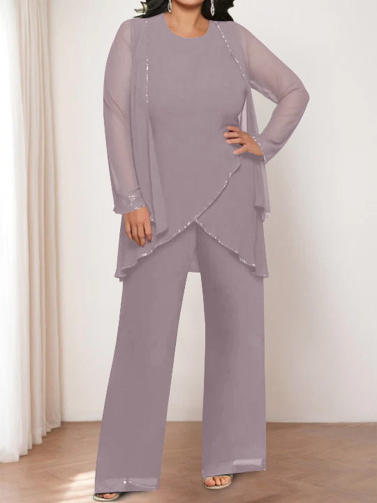 Round Neck Chiffon Pantsuits with Jacket for the Mother of the Bride-LLELLA