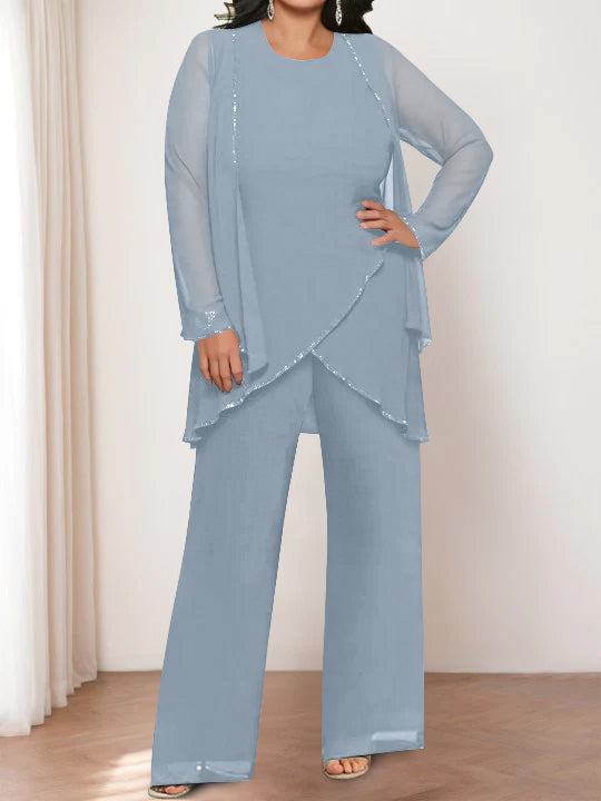 Round Neck Chiffon Pantsuits with Jacket for the Mother of the Bride-LLELLA