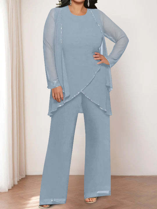 Round Neck Chiffon Pantsuits with Jacket for the Mother of the Bride-LLELLA