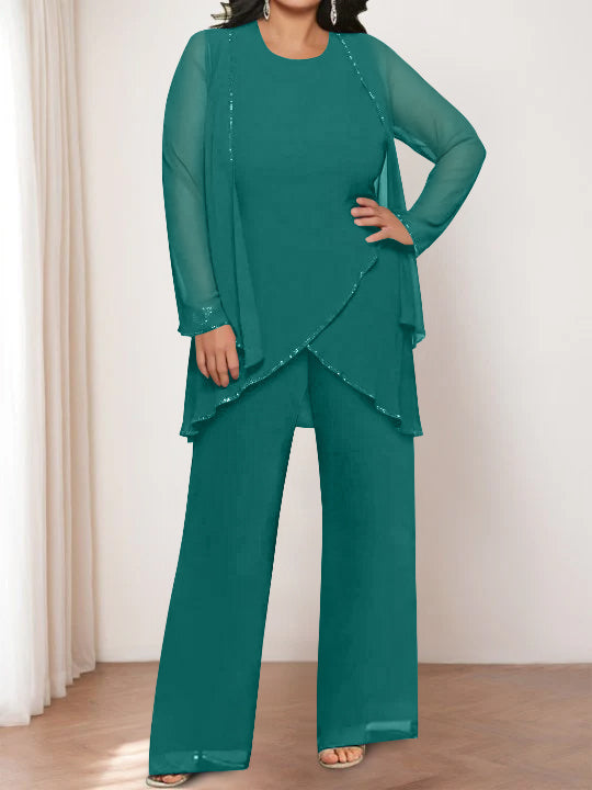 Round Neck Chiffon Pantsuits with Jacket for the Mother of the Bride-LLELLA