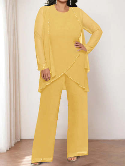 Round Neck Chiffon Pantsuits with Jacket for the Mother of the Bride-LLELLA