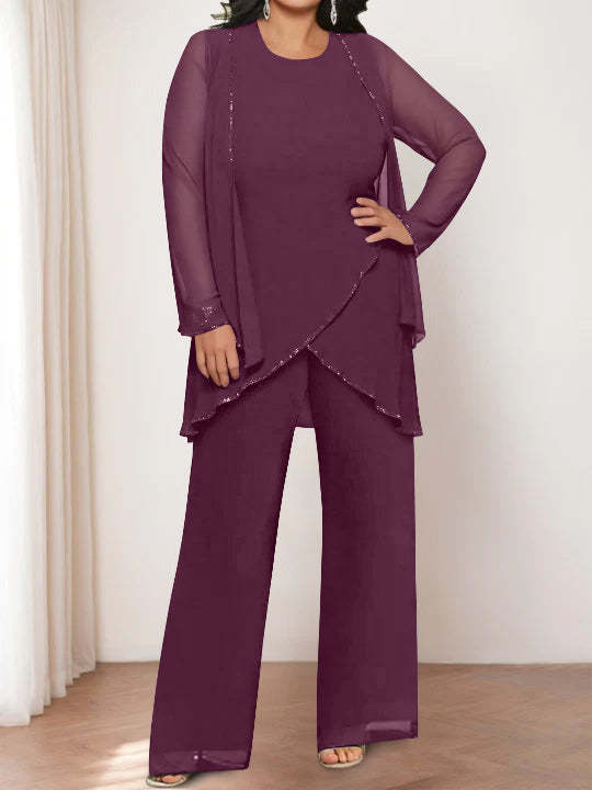 Round Neck Chiffon Pantsuits with Jacket for the Mother of the Bride-LLELLA