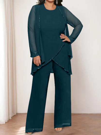 Round Neck Chiffon Pantsuits with Jacket for the Mother of the Bride-LLELLA