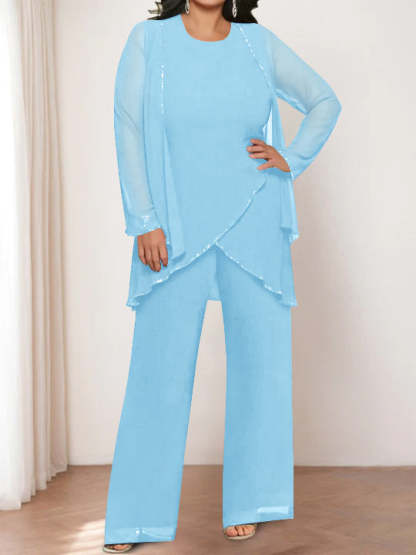 Round Neck Chiffon Pantsuits with Jacket for the Mother of the Bride-LLELLA