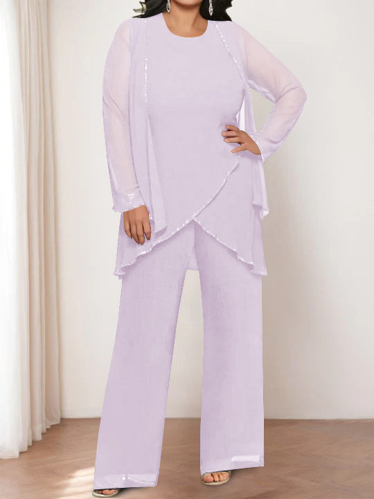 Round Neck Chiffon Pantsuits with Jacket for the Mother of the Bride-LLELLA