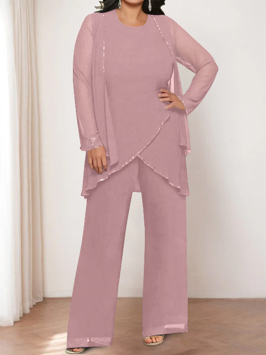 Round Neck Chiffon Pantsuits with Jacket for the Mother of the Bride-LLELLA