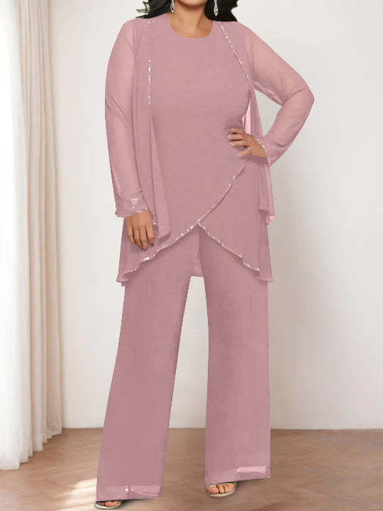 Round Neck Chiffon Pantsuits with Jacket for the Mother of the Bride-LLELLA
