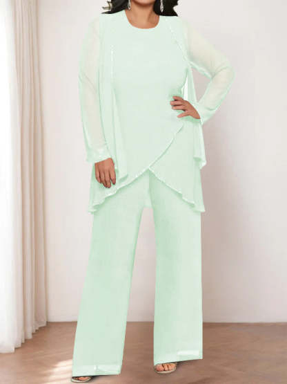 Round Neck Chiffon Pantsuits with Jacket for the Mother of the Bride-LLELLA