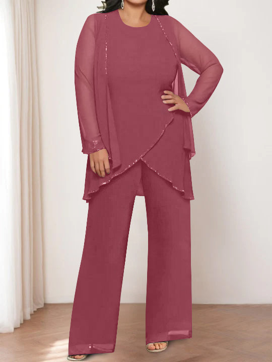 Round Neck Chiffon Pantsuits with Jacket for the Mother of the Bride-LLELLA