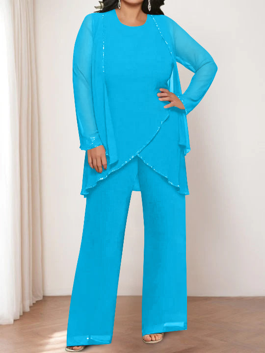 Round Neck Chiffon Pantsuits with Jacket for the Mother of the Bride-LLELLA