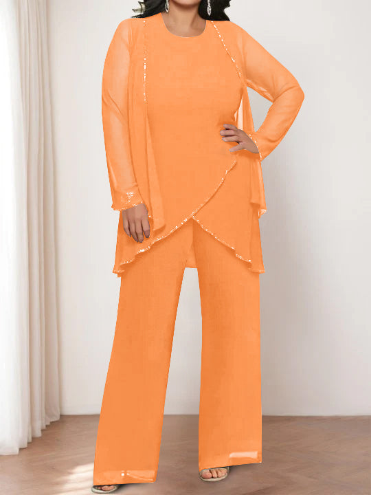 Round Neck Chiffon Pantsuits with Jacket for the Mother of the Bride-LLELLA