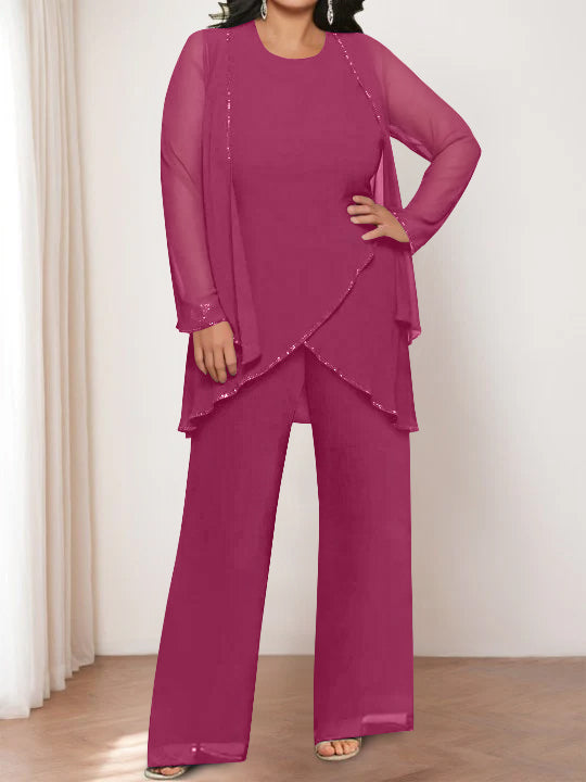 Round Neck Chiffon Pantsuits with Jacket for the Mother of the Bride-LLELLA