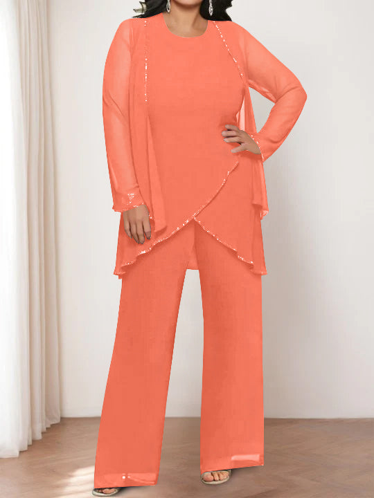 Round Neck Chiffon Pantsuits with Jacket for the Mother of the Bride-LLELLA