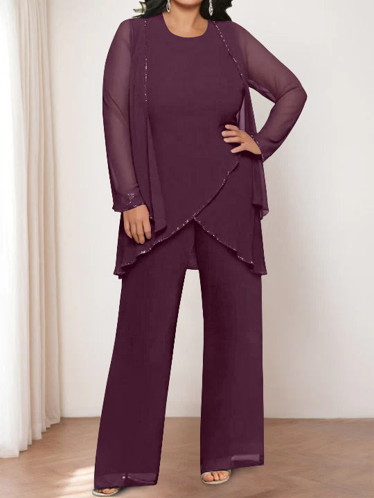 Round Neck Chiffon Pantsuits with Jacket for the Mother of the Bride-LLELLA