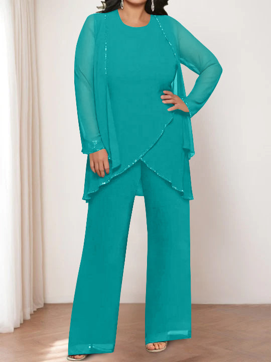 Round Neck Chiffon Pantsuits with Jacket for the Mother of the Bride-LLELLA