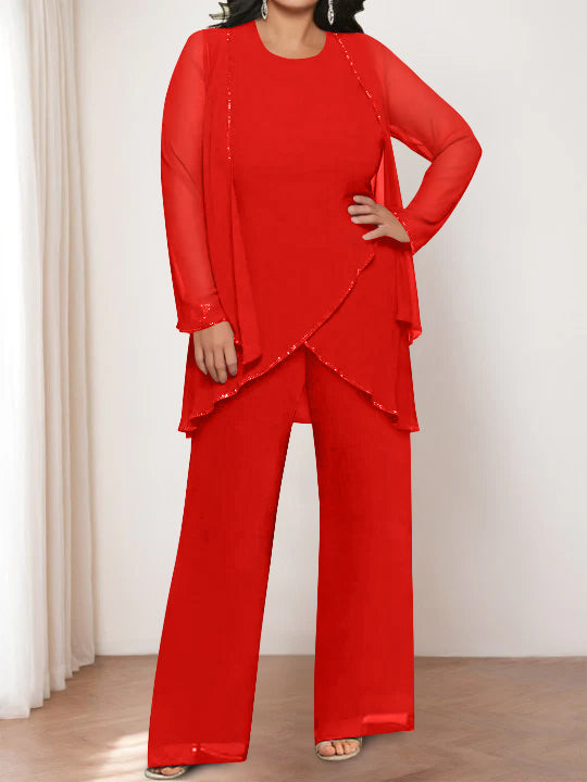 Round Neck Chiffon Pantsuits with Jacket for the Mother of the Bride-LLELLA