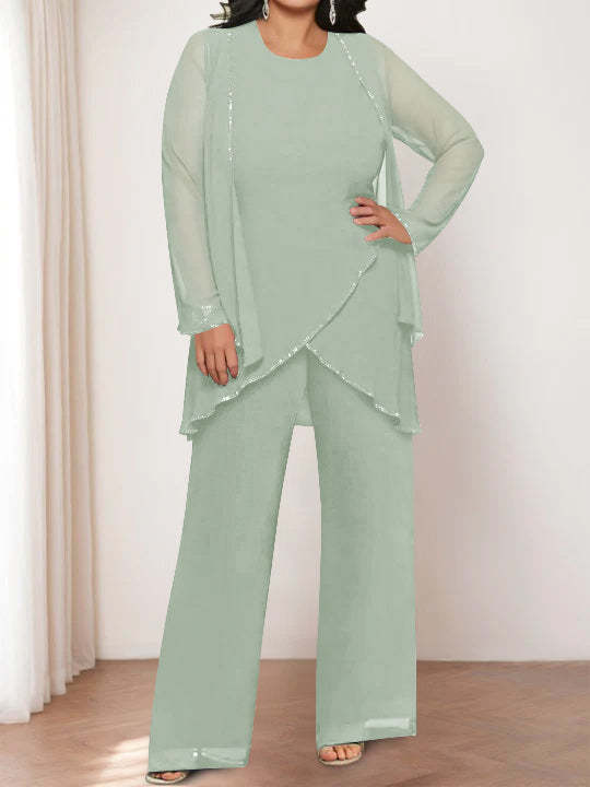 Round Neck Chiffon Pantsuits with Jacket for the Mother of the Bride-LLELLA