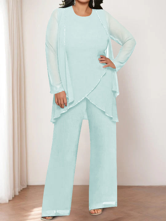Round Neck Chiffon Pantsuits with Jacket for the Mother of the Bride-LLELLA
