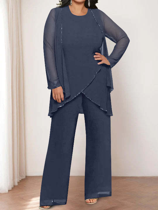 Round Neck Chiffon Pantsuits with Jacket for the Mother of the Bride-LLELLA