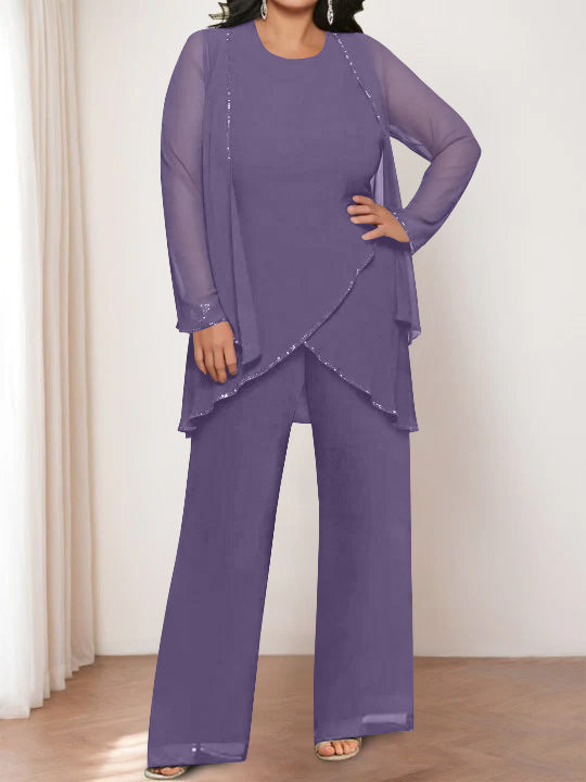 Round Neck Chiffon Pantsuits with Jacket for the Mother of the Bride-LLELLA