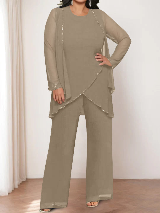Round Neck Chiffon Pantsuits with Jacket for the Mother of the Bride-LLELLA