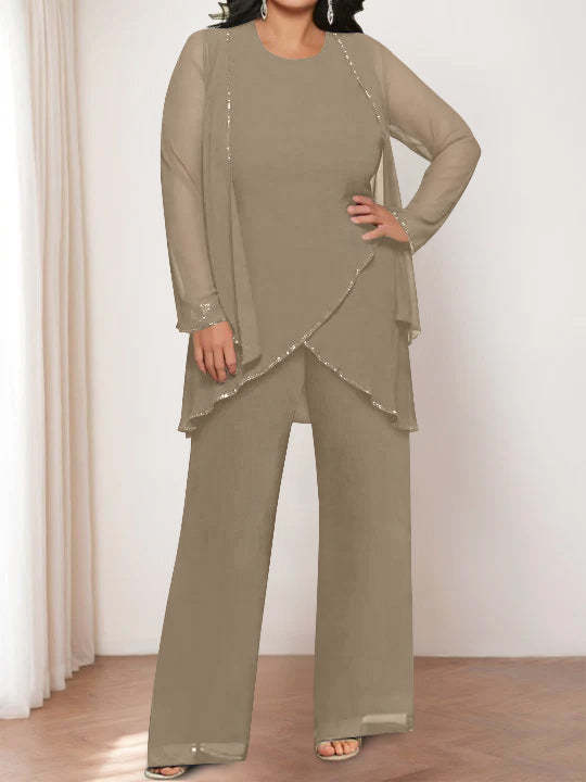 Round Neck Chiffon Pantsuits with Jacket for the Mother of the Bride-LLELLA