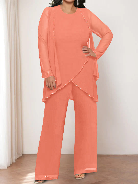 Round Neck Chiffon Pantsuits with Jacket for the Mother of the Bride-LLELLA