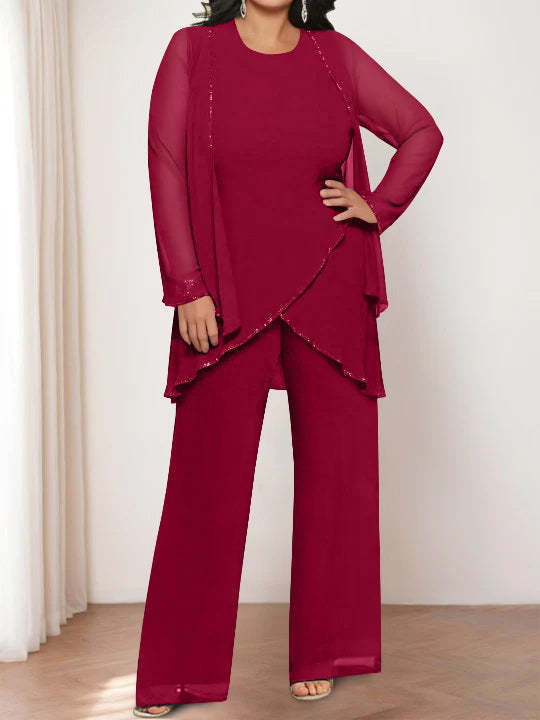 Round Neck Chiffon Pantsuits with Jacket for the Mother of the Bride-LLELLA