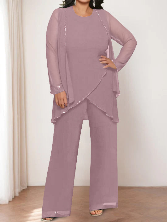 Round Neck Chiffon Pantsuits with Jacket for the Mother of the Bride-LLELLA