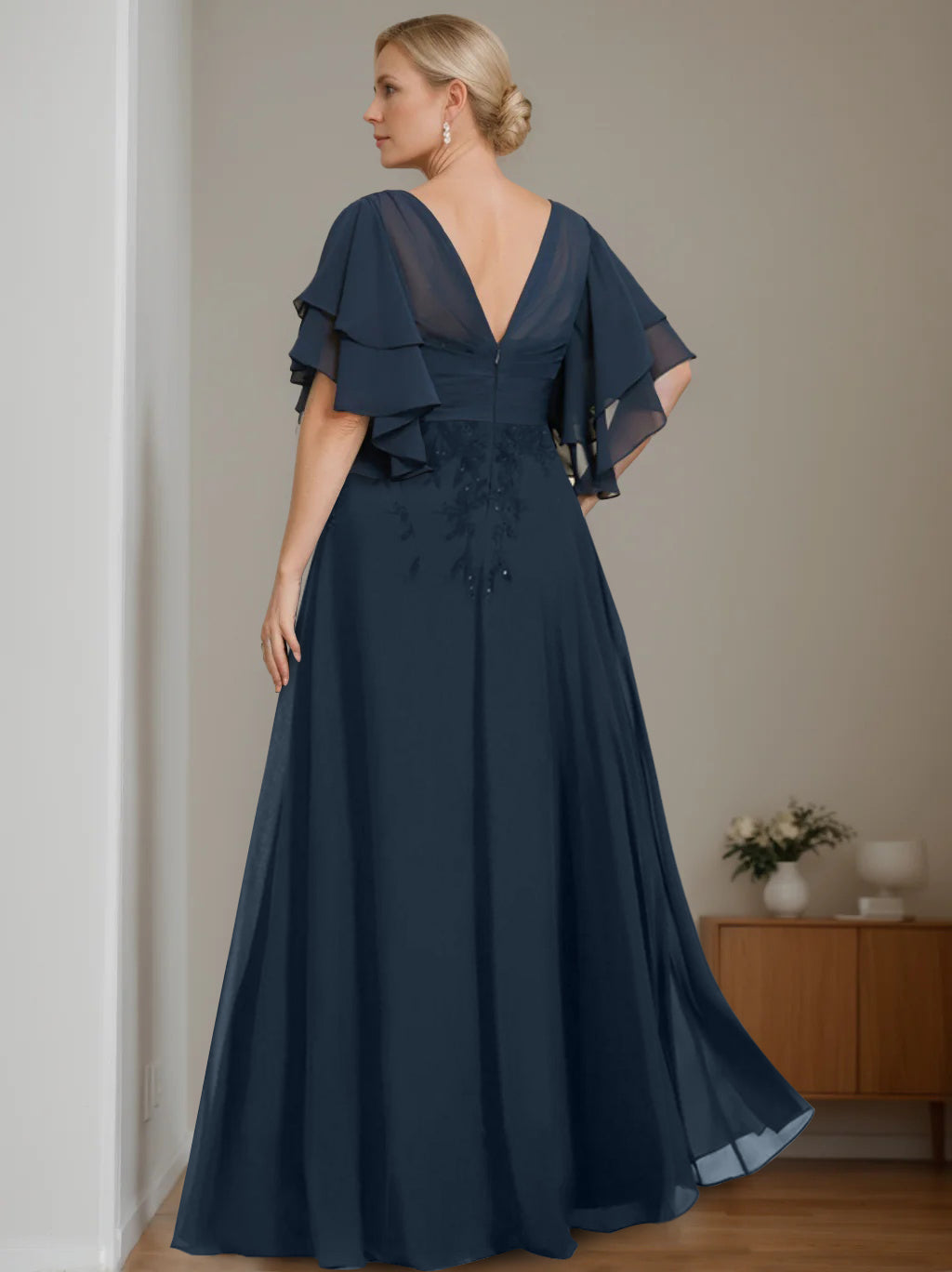 Unique Plus Size V-Neck A-Line Princess Floor-Length Mother of the Bride Dress with Sequins and Half Sleeve Ruffles-LLELLA
