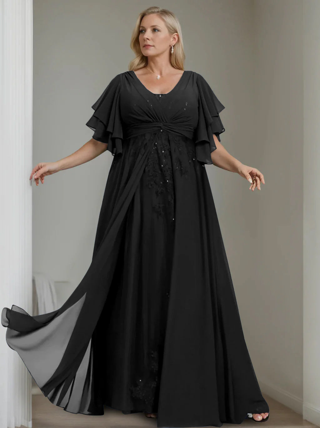 Unique Plus Size V-Neck A-Line Princess Floor-Length Mother of the Bride Dress with Sequins and Half Sleeve Ruffles-LLELLA
