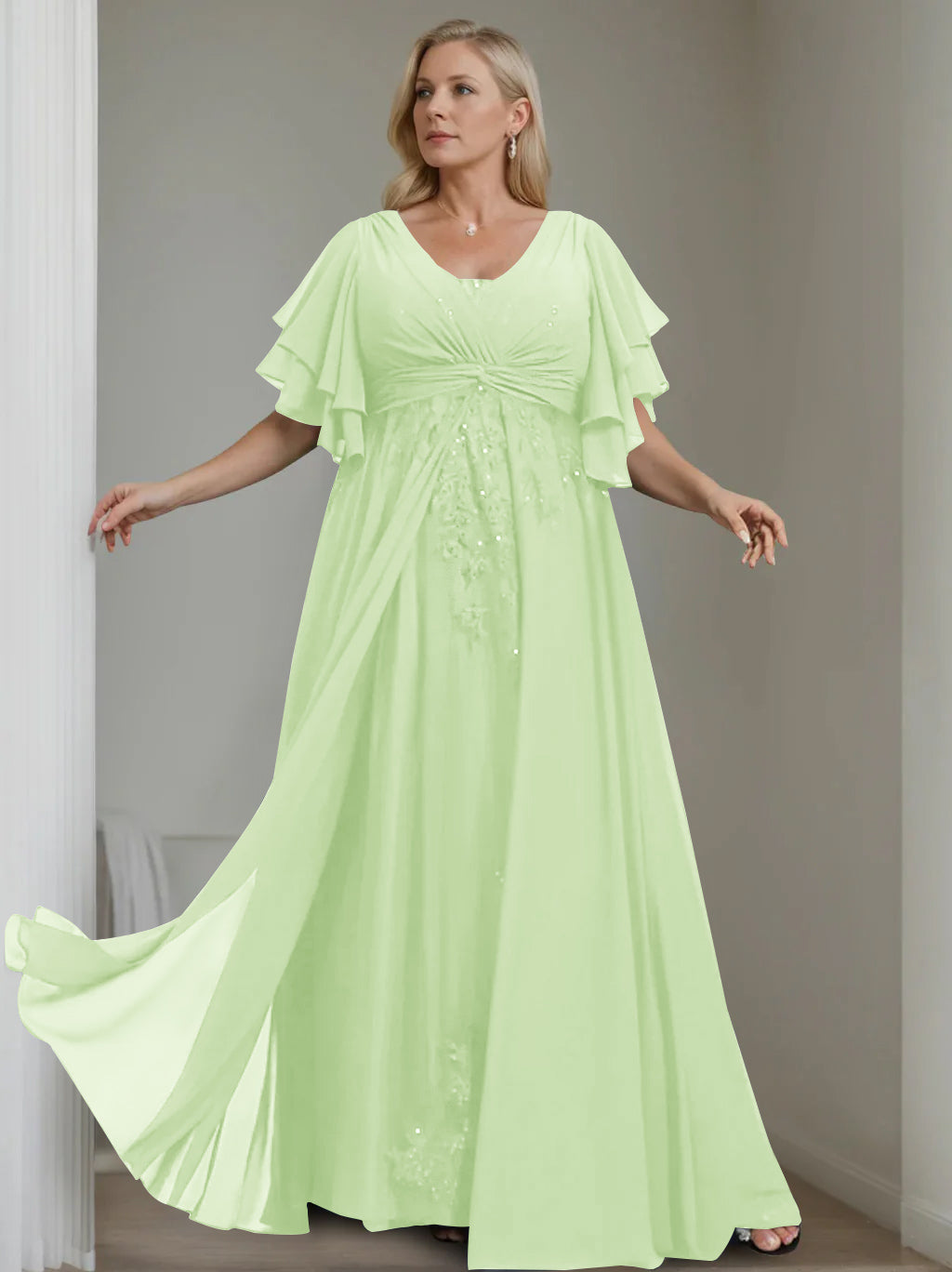 Unique Plus Size V-Neck A-Line Princess Floor-Length Mother of the Bride Dress with Sequins and Half Sleeve Ruffles-LLELLA