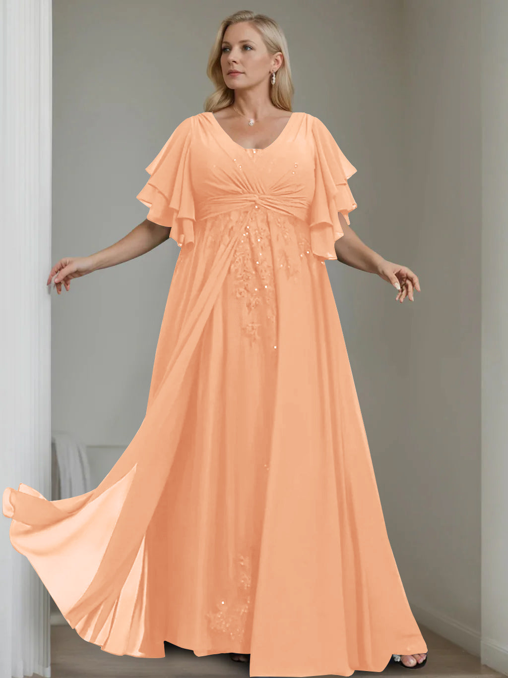 Unique Plus Size V-Neck A-Line Princess Floor-Length Mother of the Bride Dress with Sequins and Half Sleeve Ruffles-LLELLA