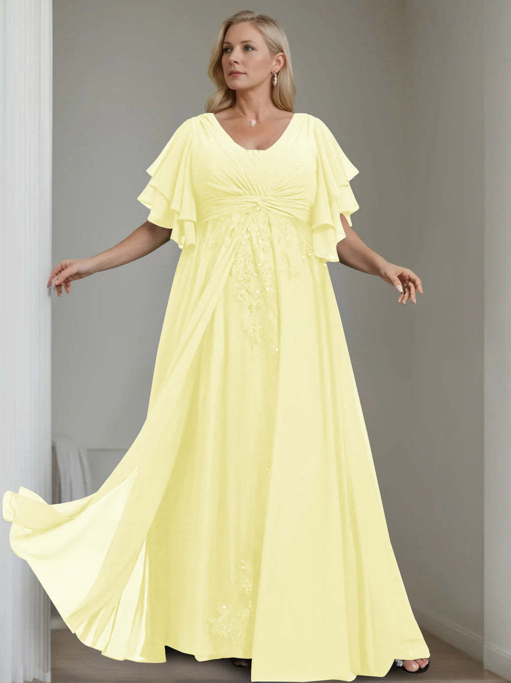 Unique Plus Size V-Neck A-Line Princess Floor-Length Mother of the Bride Dress with Sequins and Half Sleeve Ruffles-LLELLA
