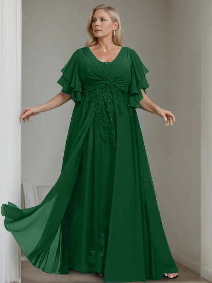 Unique Plus Size V-Neck A-Line Princess Floor-Length Mother of the Bride Dress with Sequins and Half Sleeve Ruffles-LLELLA