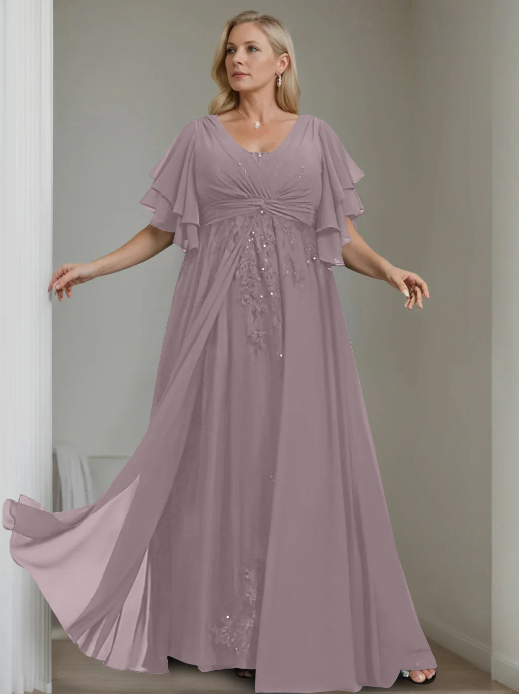 Unique Plus Size V-Neck A-Line Princess Floor-Length Mother of the Bride Dress with Sequins and Half Sleeve Ruffles-LLELLA