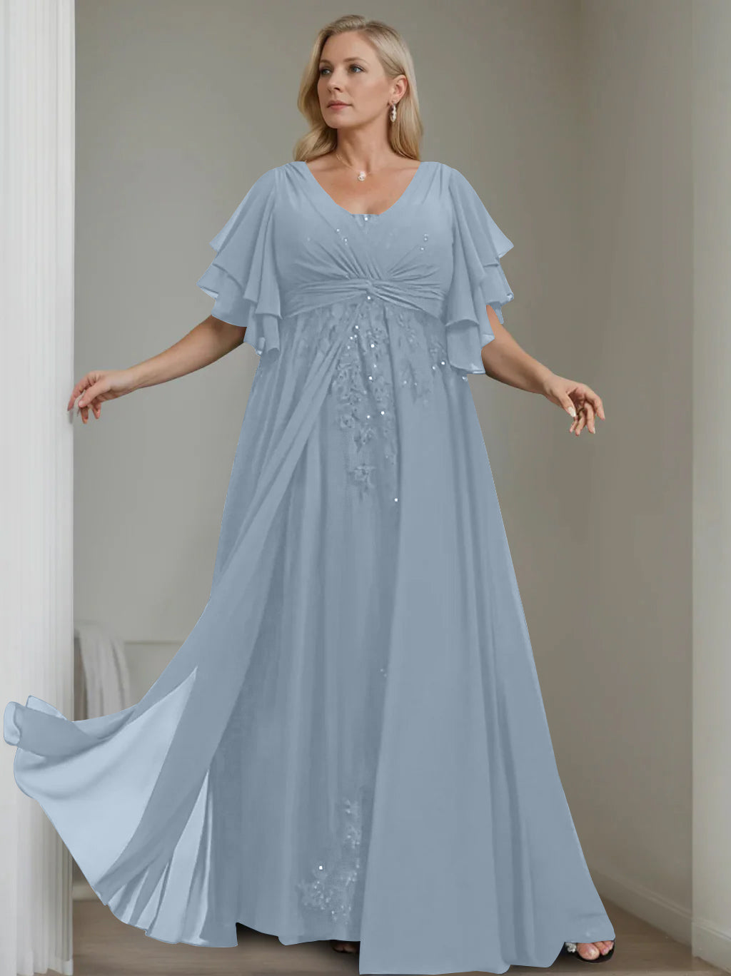 Unique Plus Size V-Neck A-Line Princess Floor-Length Mother of the Bride Dress with Sequins and Half Sleeve Ruffles-LLELLA