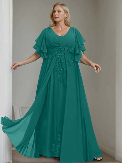 Unique Plus Size V-Neck A-Line Princess Floor-Length Mother of the Bride Dress with Sequins and Half Sleeve Ruffles-LLELLA
