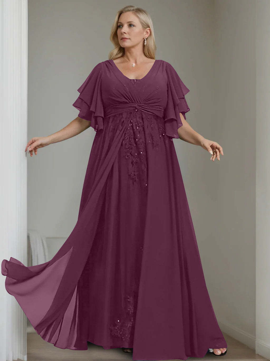 Unique Plus Size V-Neck A-Line Princess Floor-Length Mother of the Bride Dress with Sequins and Half Sleeve Ruffles-LLELLA