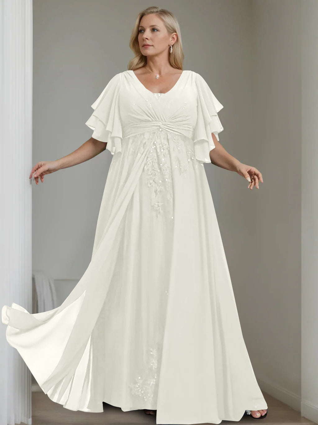 Unique Plus Size V-Neck A-Line Princess Floor-Length Mother of the Bride Dress with Sequins and Half Sleeve Ruffles-LLELLA