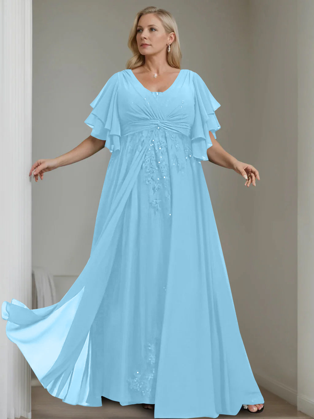 Unique Plus Size V-Neck A-Line Princess Floor-Length Mother of the Bride Dress with Sequins and Half Sleeve Ruffles-LLELLA