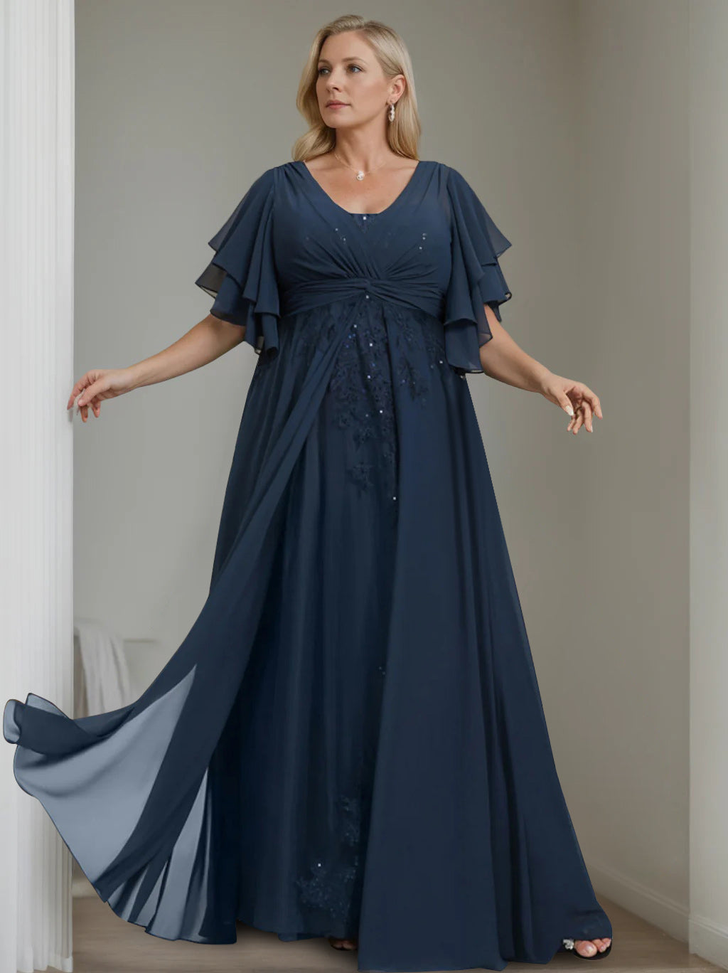 Unique Plus Size V-Neck A-Line Princess Floor-Length Mother of the Bride Dress with Sequins and Half Sleeve Ruffles-LLELLA