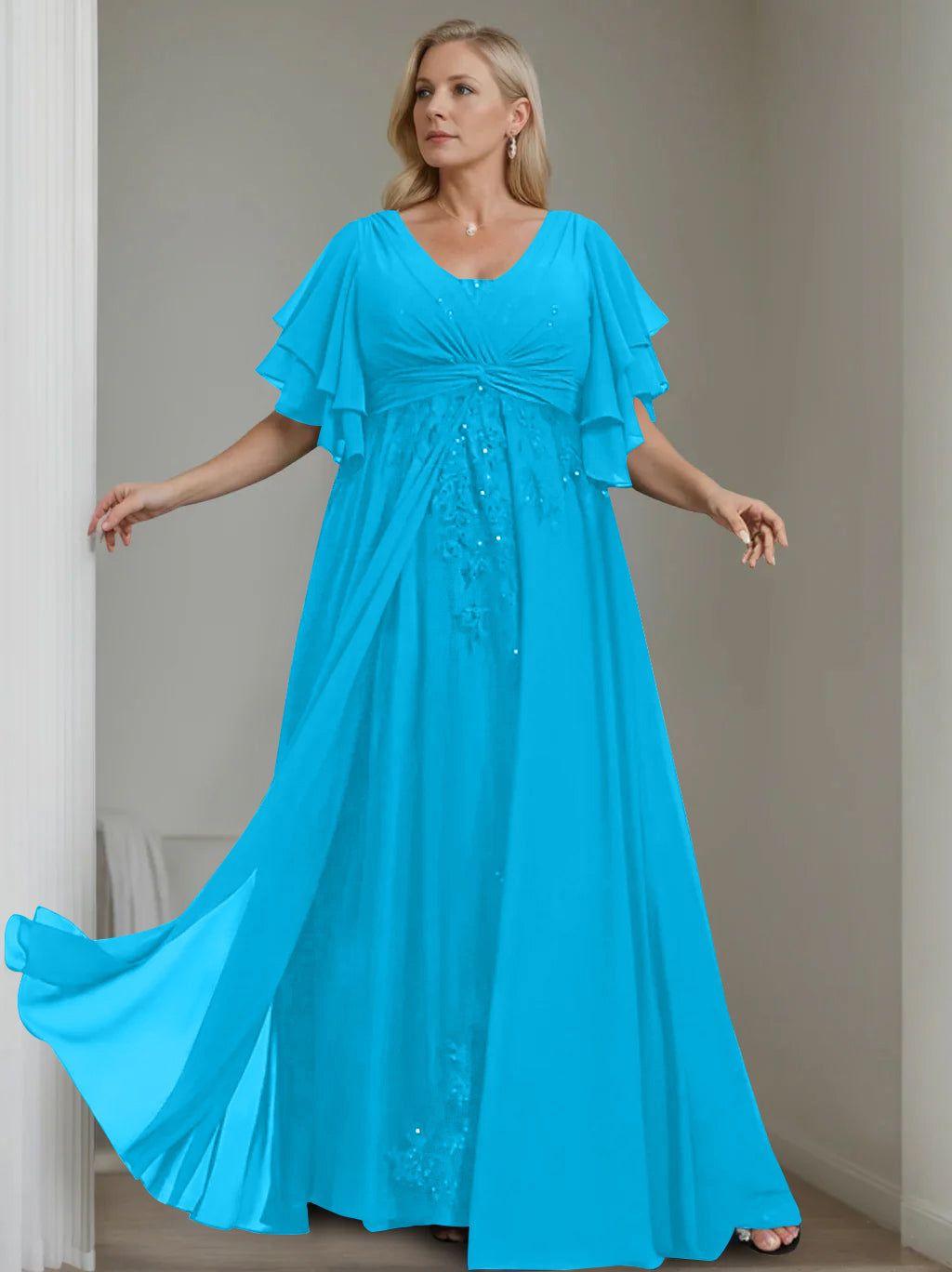 Unique Plus Size V-Neck A-Line Princess Floor-Length Mother of the Bride Dress with Sequins and Half Sleeve Ruffles-LLELLA