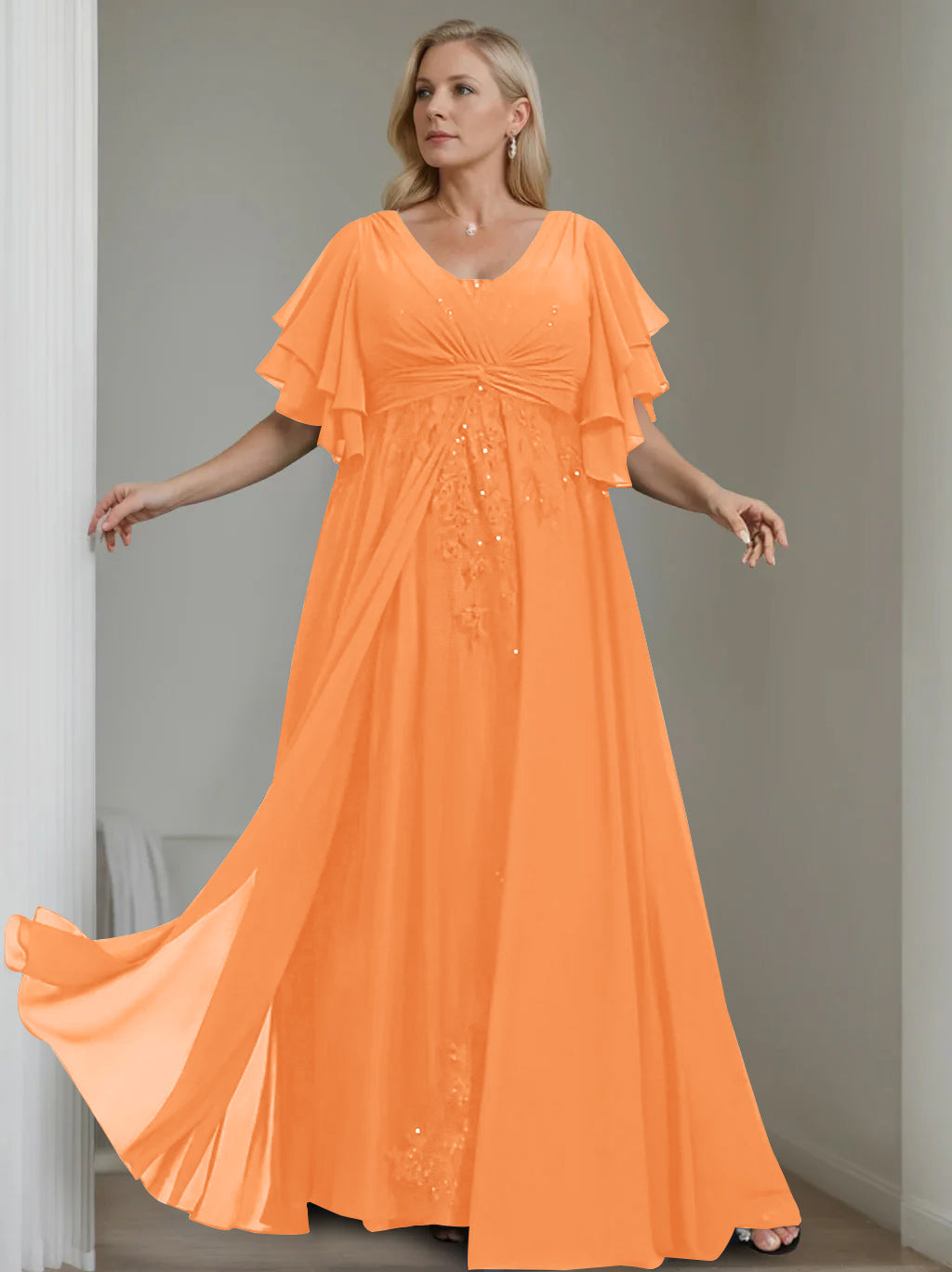 Unique Plus Size V-Neck A-Line Princess Floor-Length Mother of the Bride Dress with Sequins and Half Sleeve Ruffles-LLELLA