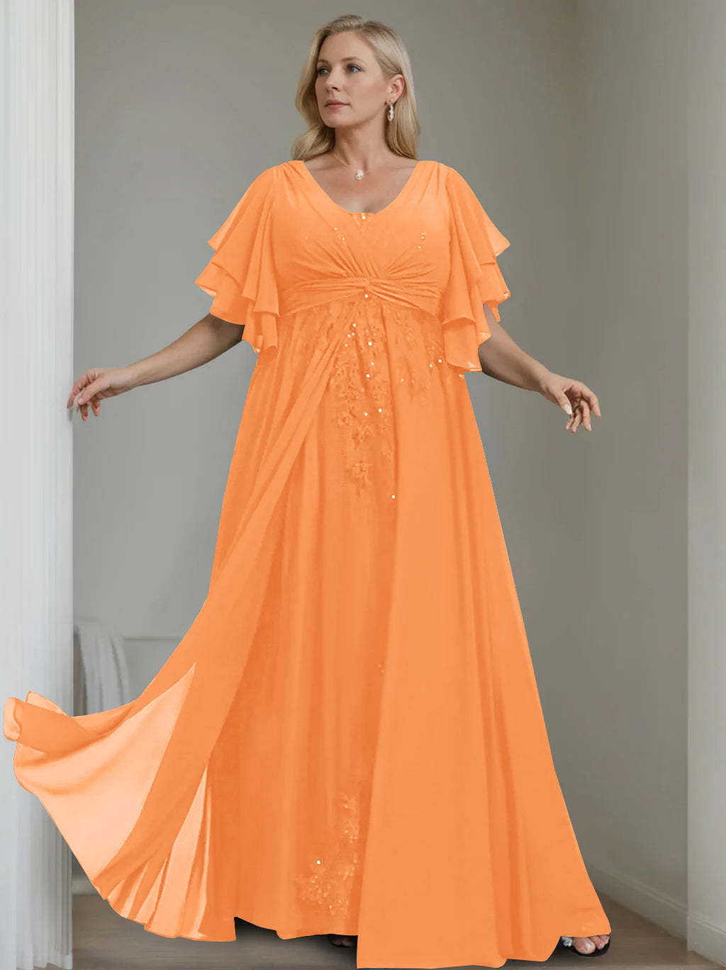 Unique Plus Size V-Neck A-Line Princess Floor-Length Mother of the Bride Dress with Sequins and Half Sleeve Ruffles-LLELLA