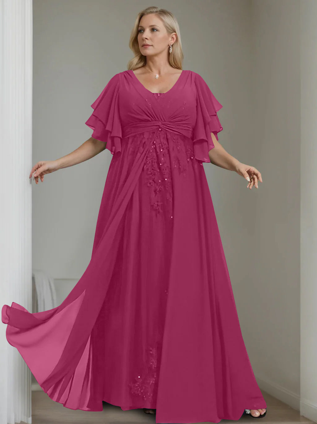 Unique Plus Size V-Neck A-Line Princess Floor-Length Mother of the Bride Dress with Sequins and Half Sleeve Ruffles-LLELLA