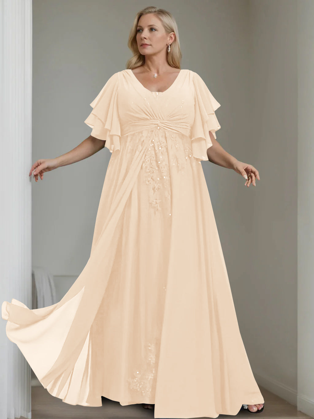 Unique Plus Size V-Neck A-Line Princess Floor-Length Mother of the Bride Dress with Sequins and Half Sleeve Ruffles-LLELLA