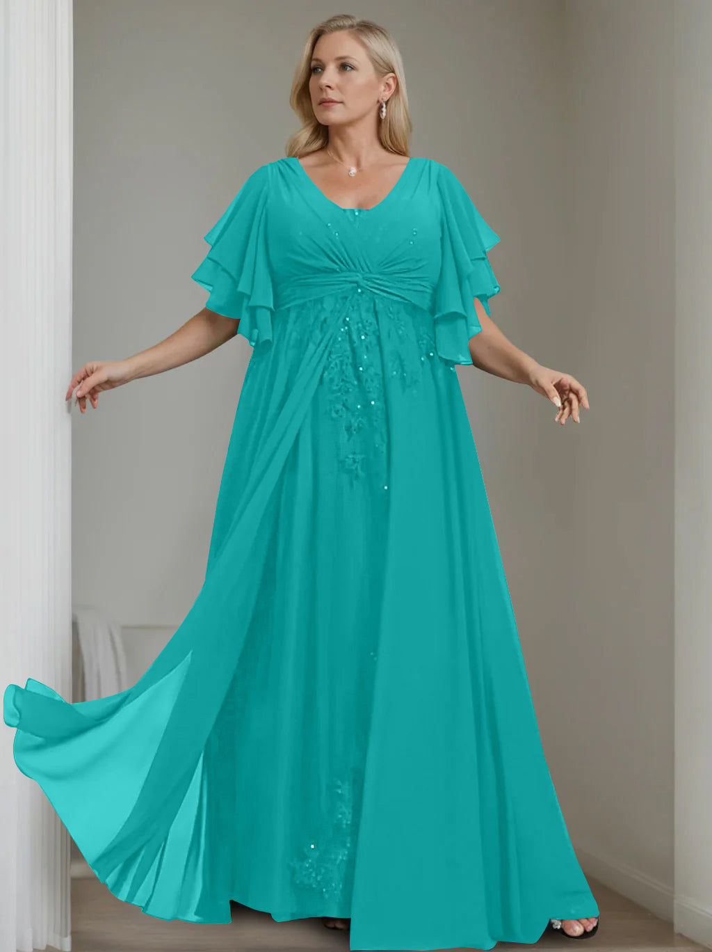 Unique Plus Size V-Neck A-Line Princess Floor-Length Mother of the Bride Dress with Sequins and Half Sleeve Ruffles-LLELLA